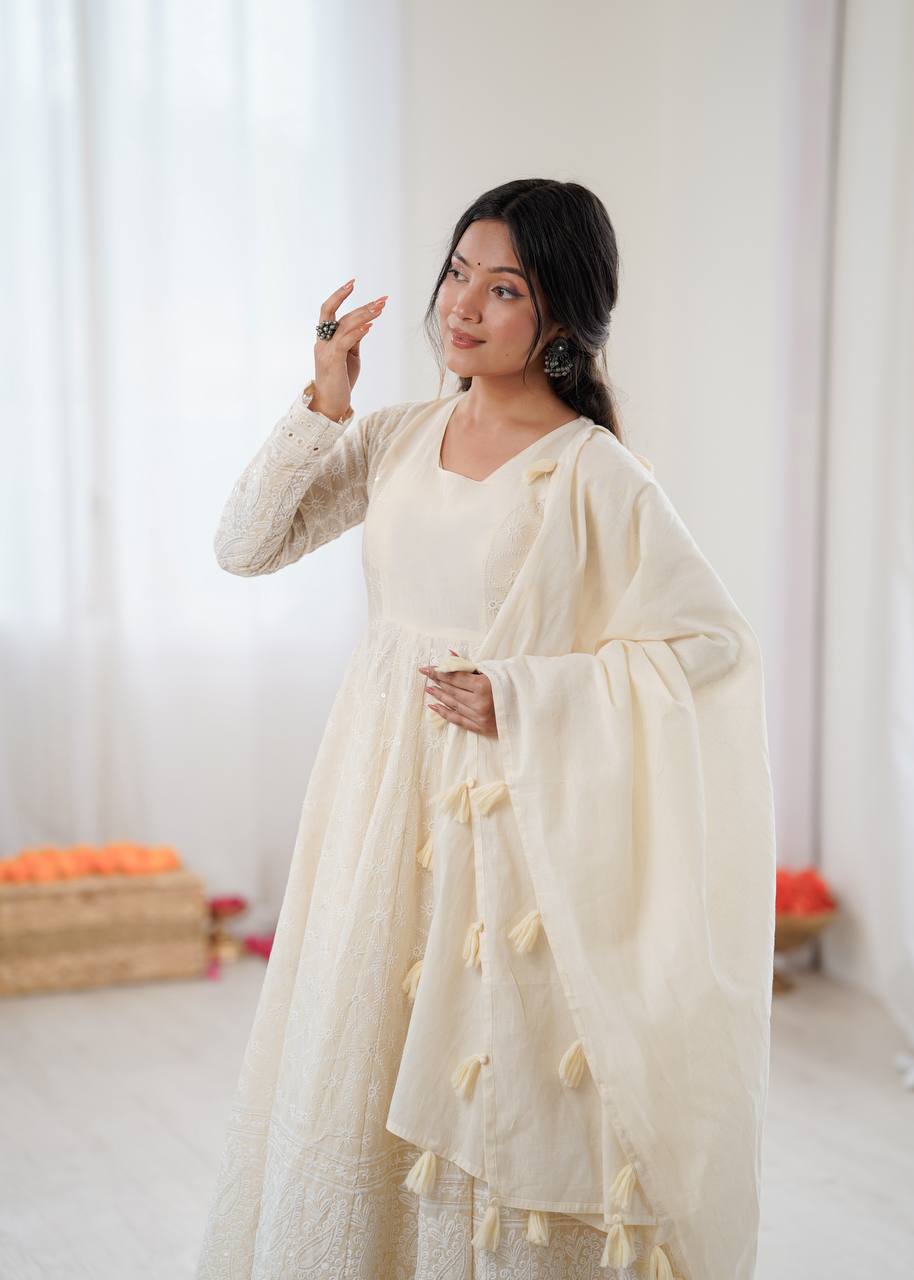 Elegant Cream Partywear Anarkali Gown Set