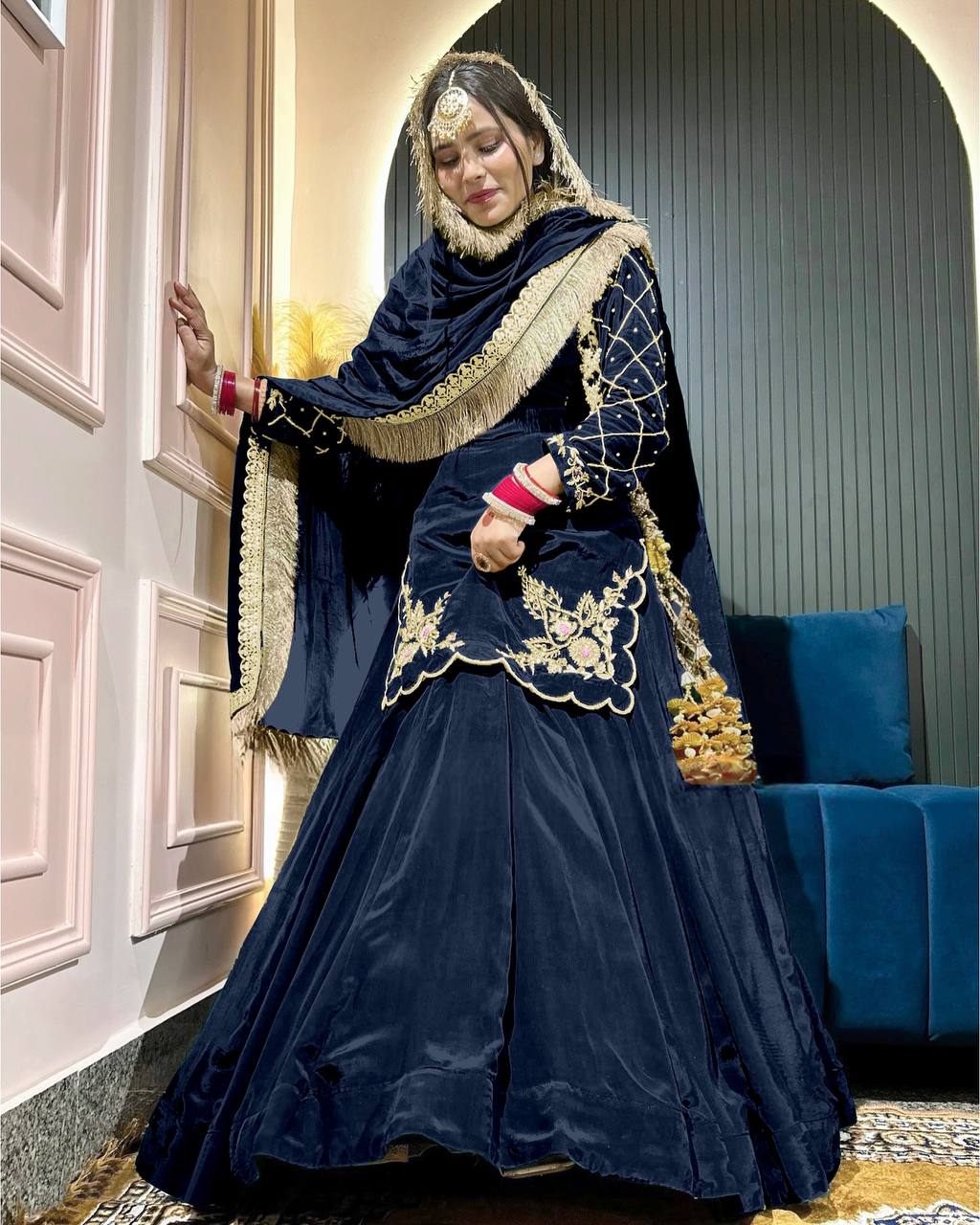 Royal Emerald Natural Crepe Silk Full Sleeve Ethnic Gown Set