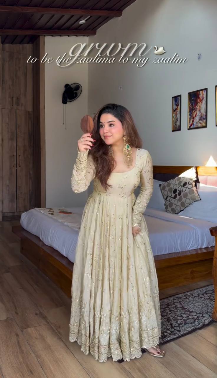 Cream Crunchy Silk Embroidered Anarkali Gown