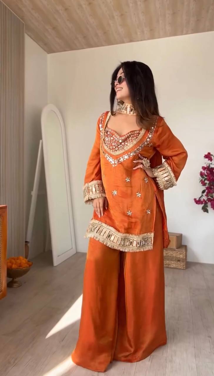 Stylish Ethnic Mirror Work Short Kurti Palazzo Set for Women