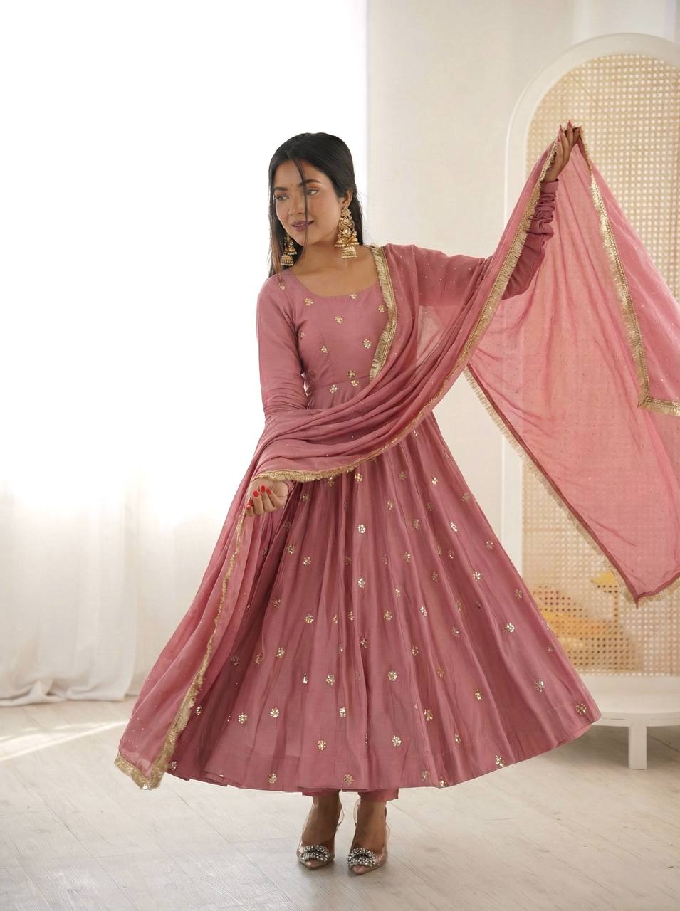Mauve Roman Silk Embroidered Anarkali Gown Set with Dupatta