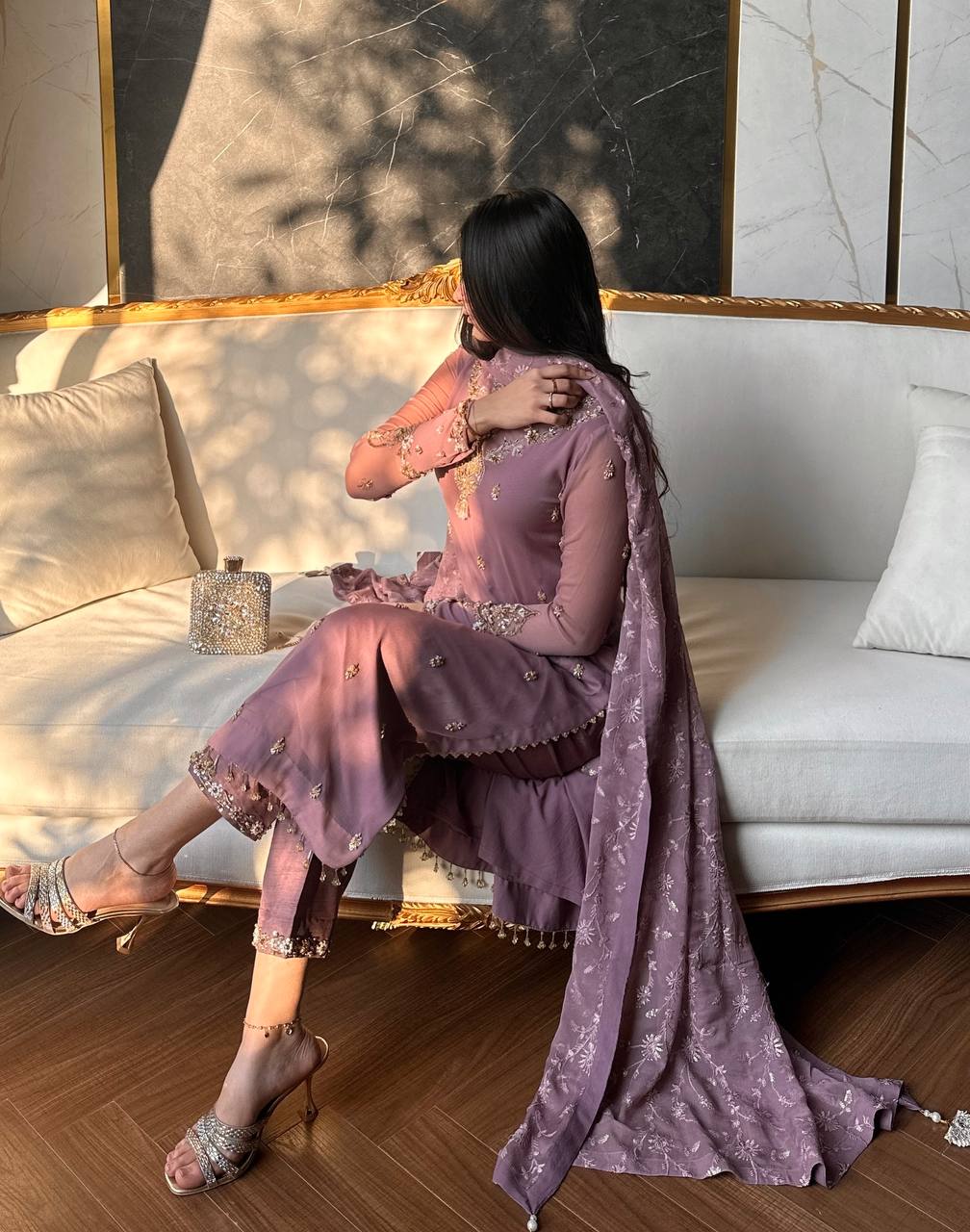 Premium Mauve Heavy Faux Georgette Embroidered Sequence & Beads Work Full Sleeve Suit Set with Dupatta