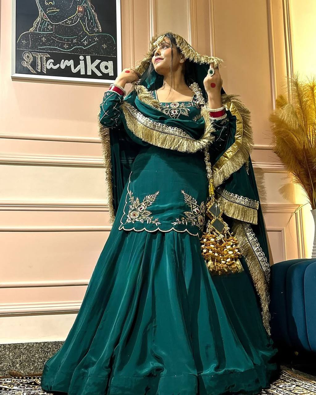 Royal Emerald Natural Crepe Silk Full Sleeve Ethnic Gown Set