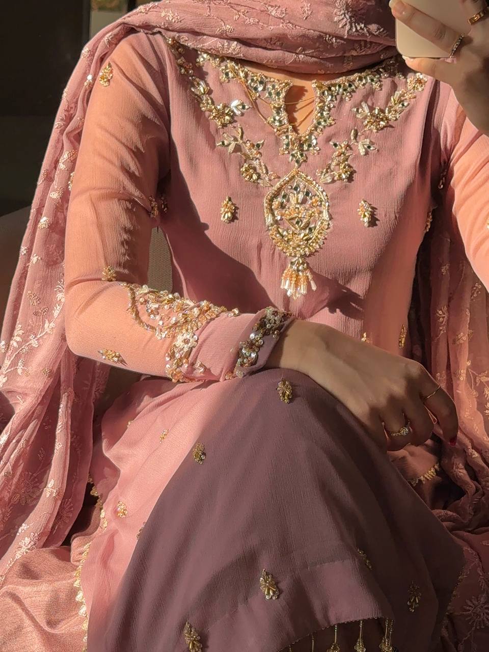 Premium Mauve Heavy Faux Georgette Embroidered Sequence & Beads Work Full Sleeve Suit Set with Dupatta