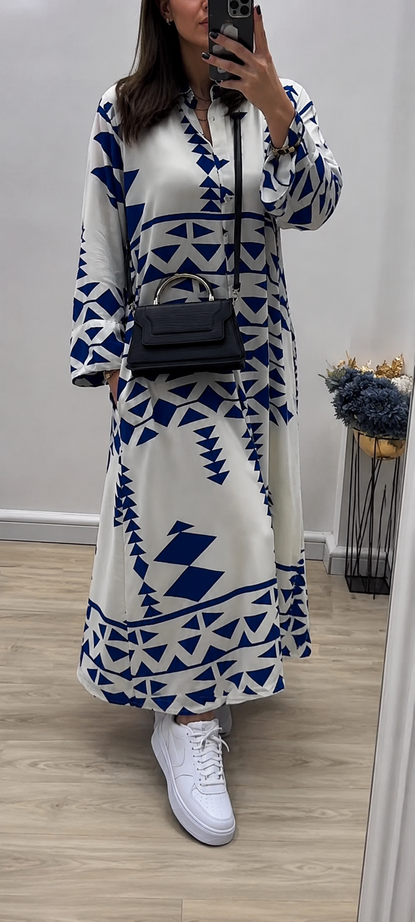 Geometric Print Premium Maxi Shirt Dress