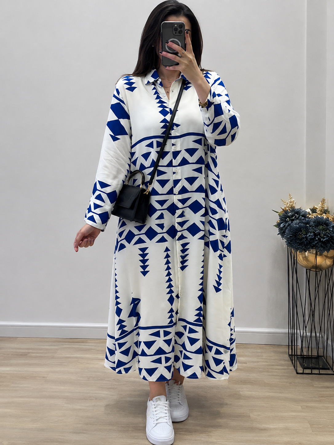 Geometric Print Premium Maxi Shirt Dress