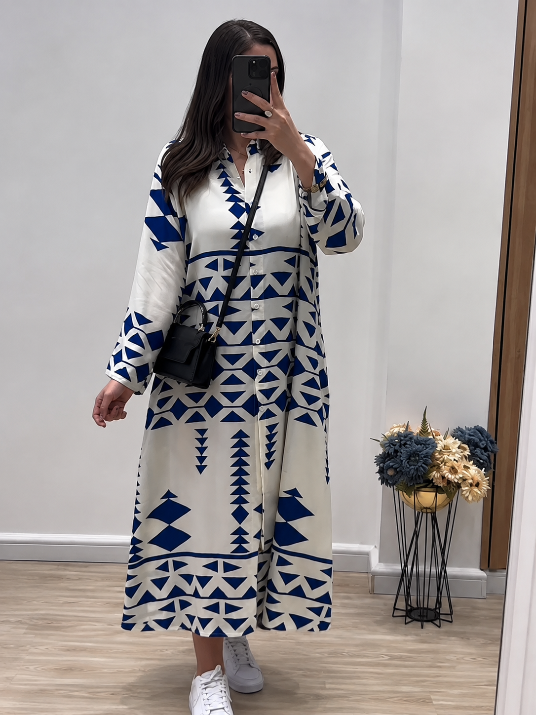 Geometric Print Premium Maxi Shirt Dress
