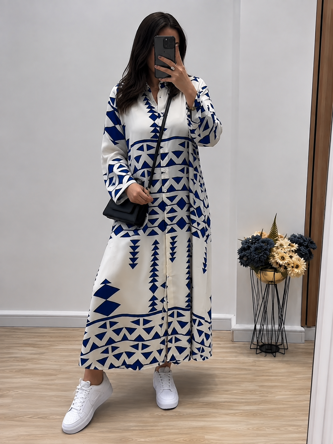 Geometric Print Premium Maxi Shirt Dress