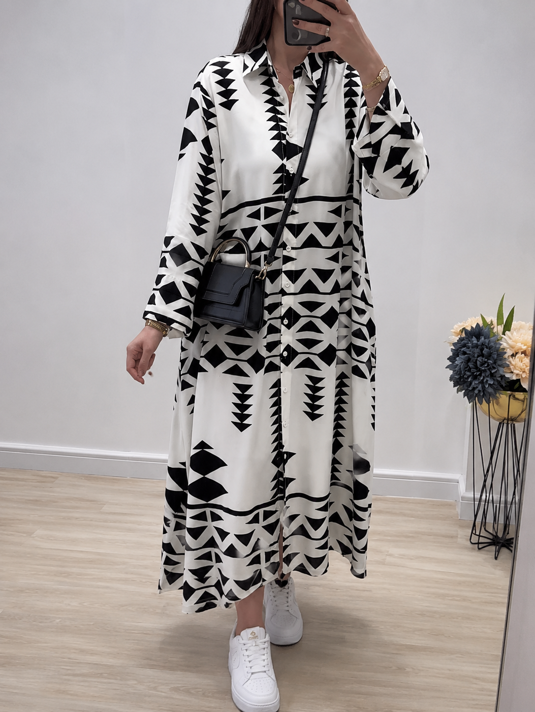 Geometric Print Premium Maxi Shirt Dress