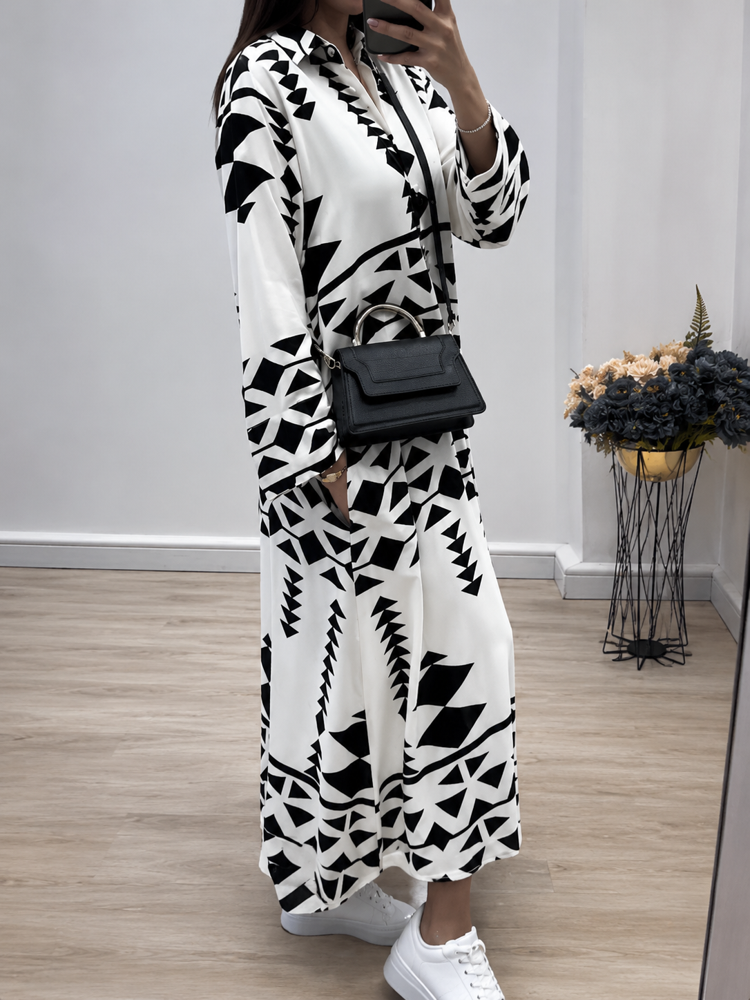 Geometric Print Premium Maxi Shirt Dress