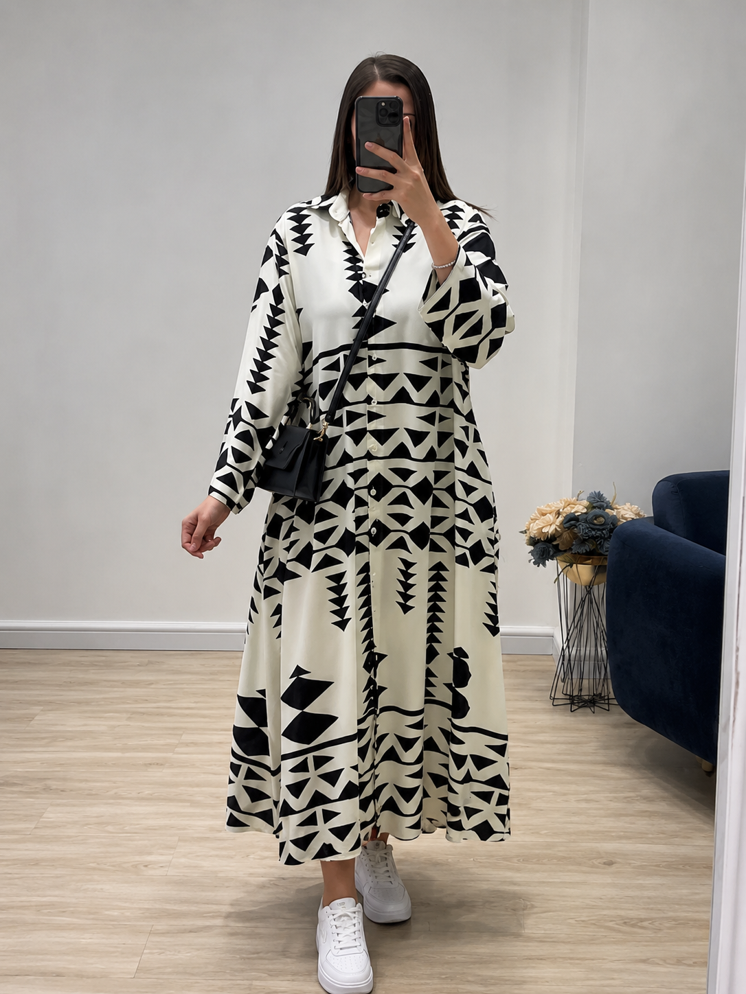 Geometric Print Premium Maxi Shirt Dress