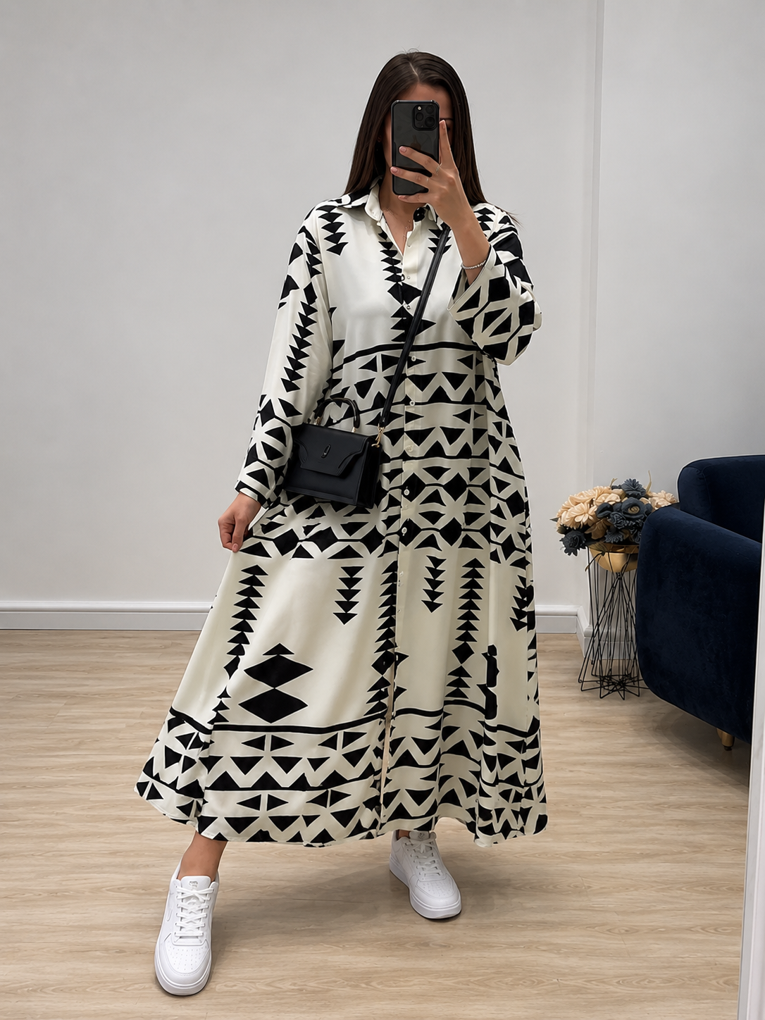 Geometric Print Premium Maxi Shirt Dress