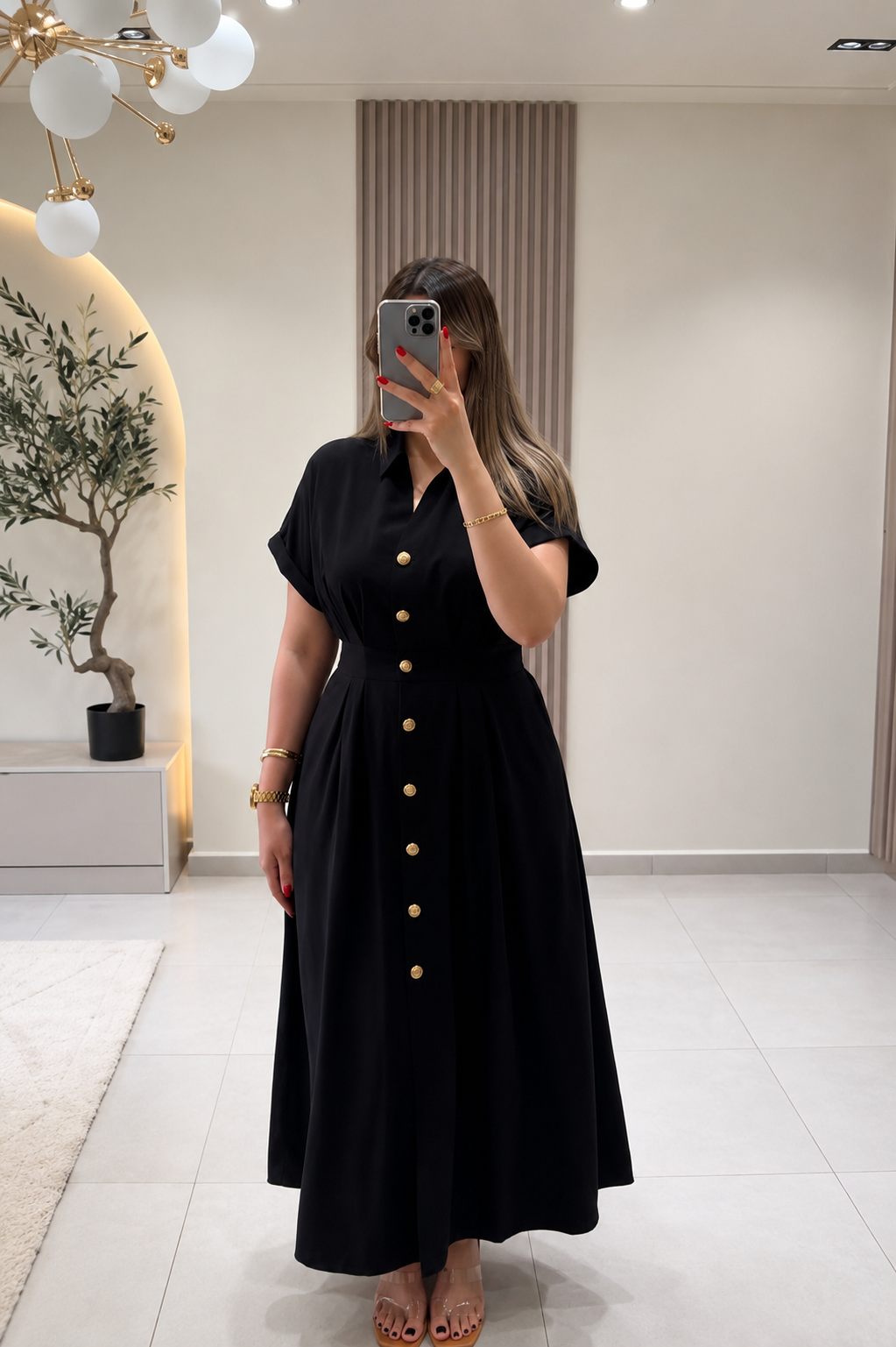 Timeless Gold Button Fit & Flare Dress