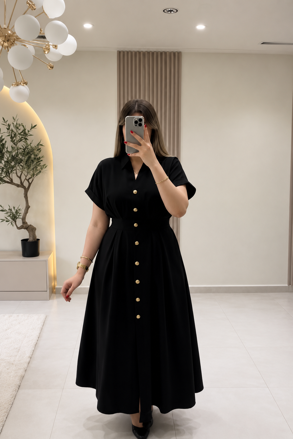 Timeless Gold Button Fit & Flare Dress