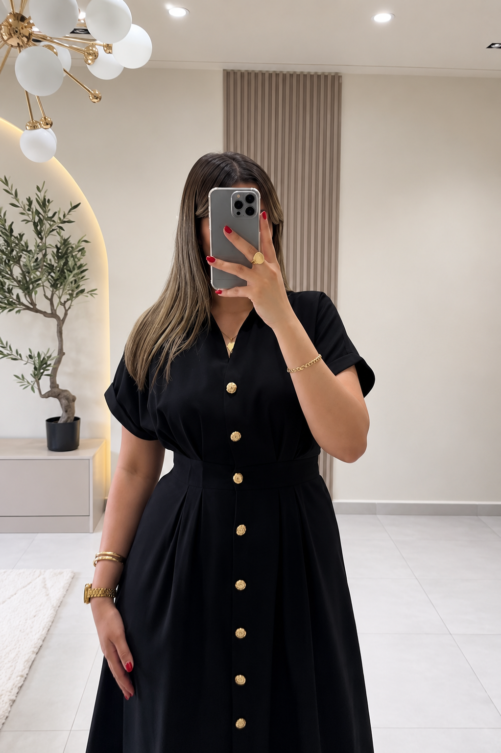 Timeless Gold Button Fit & Flare Dress