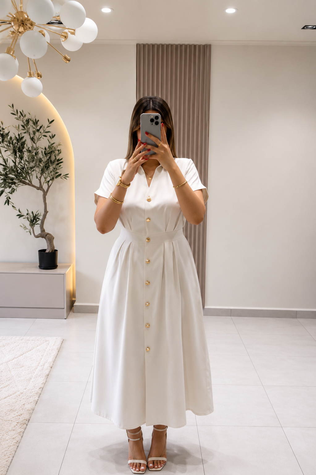 Timeless Gold Button Fit & Flare Dress