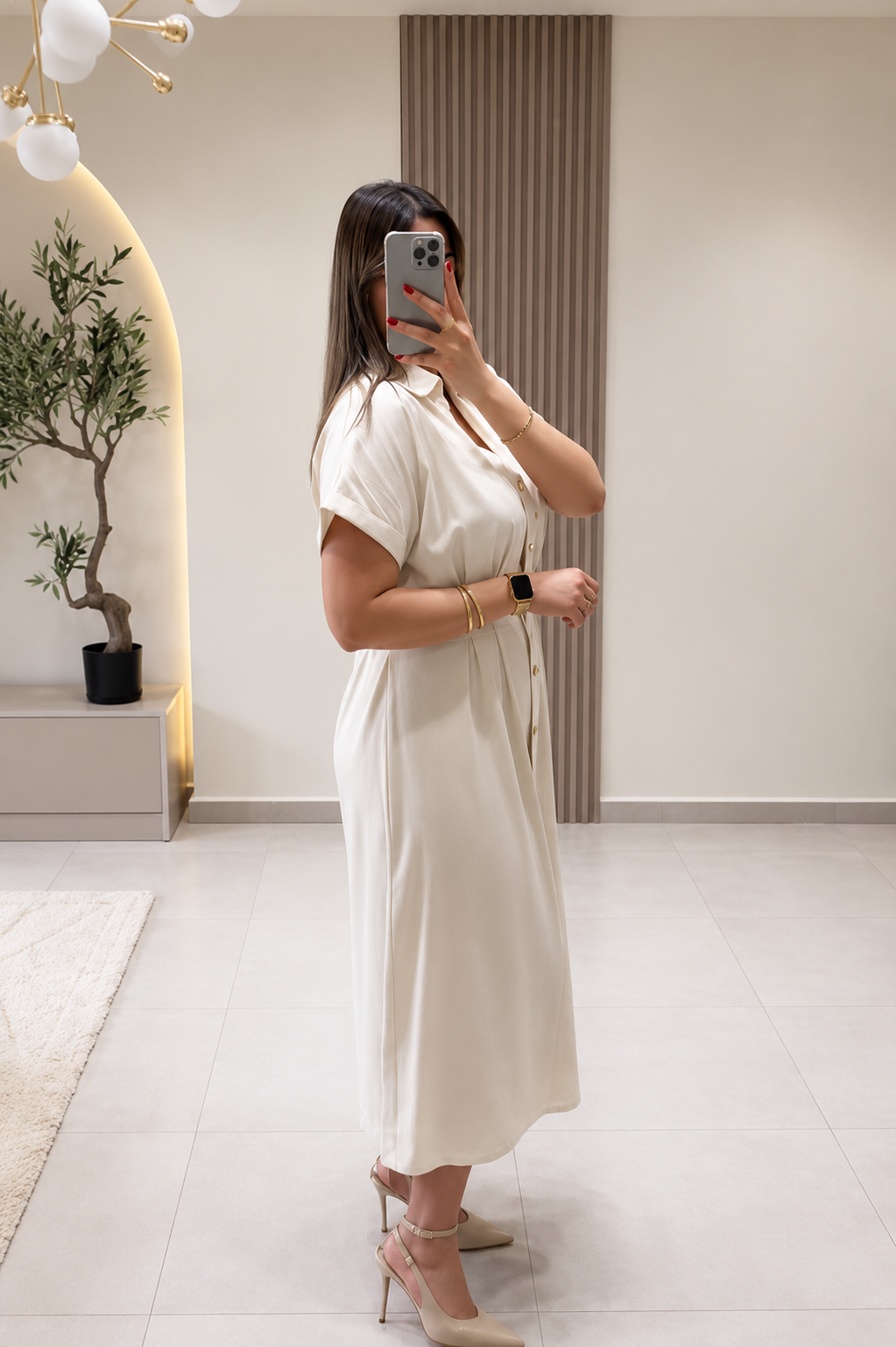 Timeless Gold Button Fit & Flare Dress
