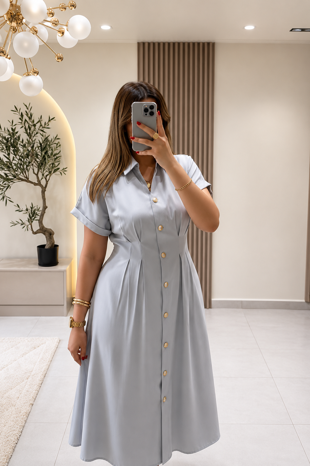 Timeless Gold Button Fit & Flare Dress