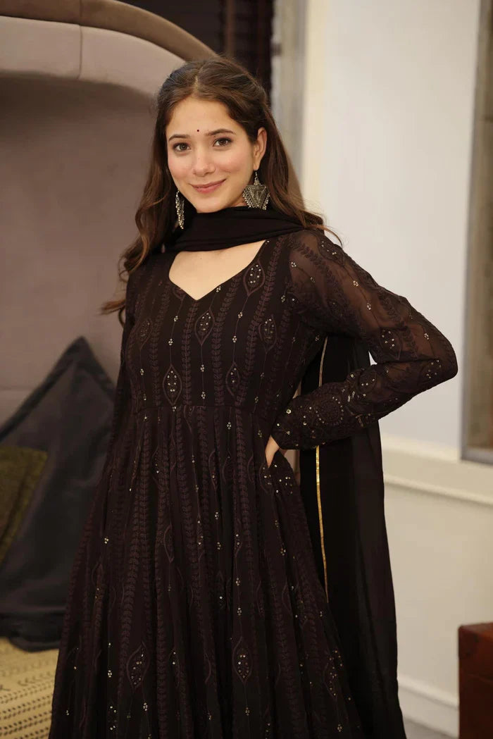 Designer Black Long Anarkali Dress with Intricate Work