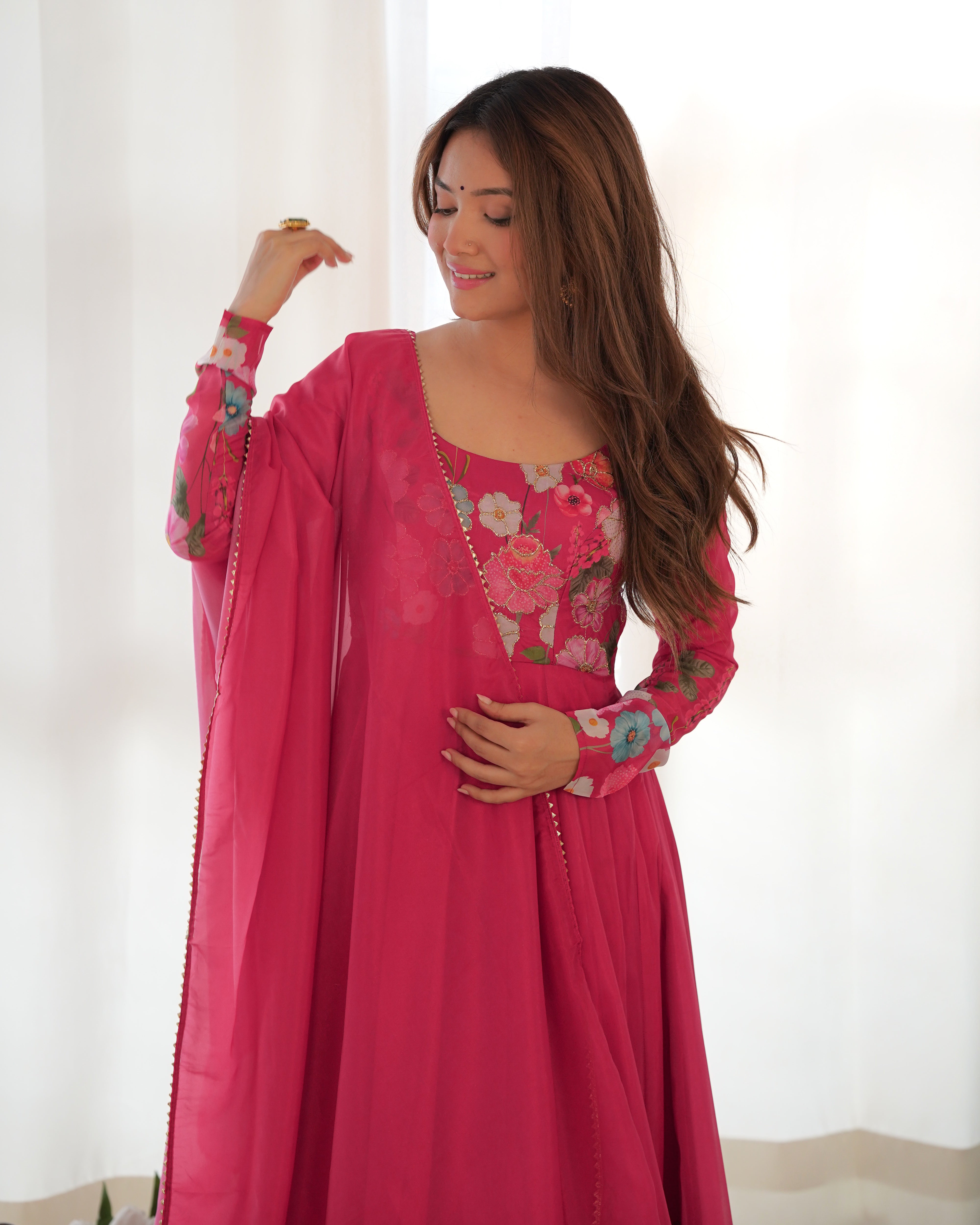Floral SOFT ORGANJA SILK FABRIC FULLY FLAIR KALI PATTERN AND CANVAS PATTA