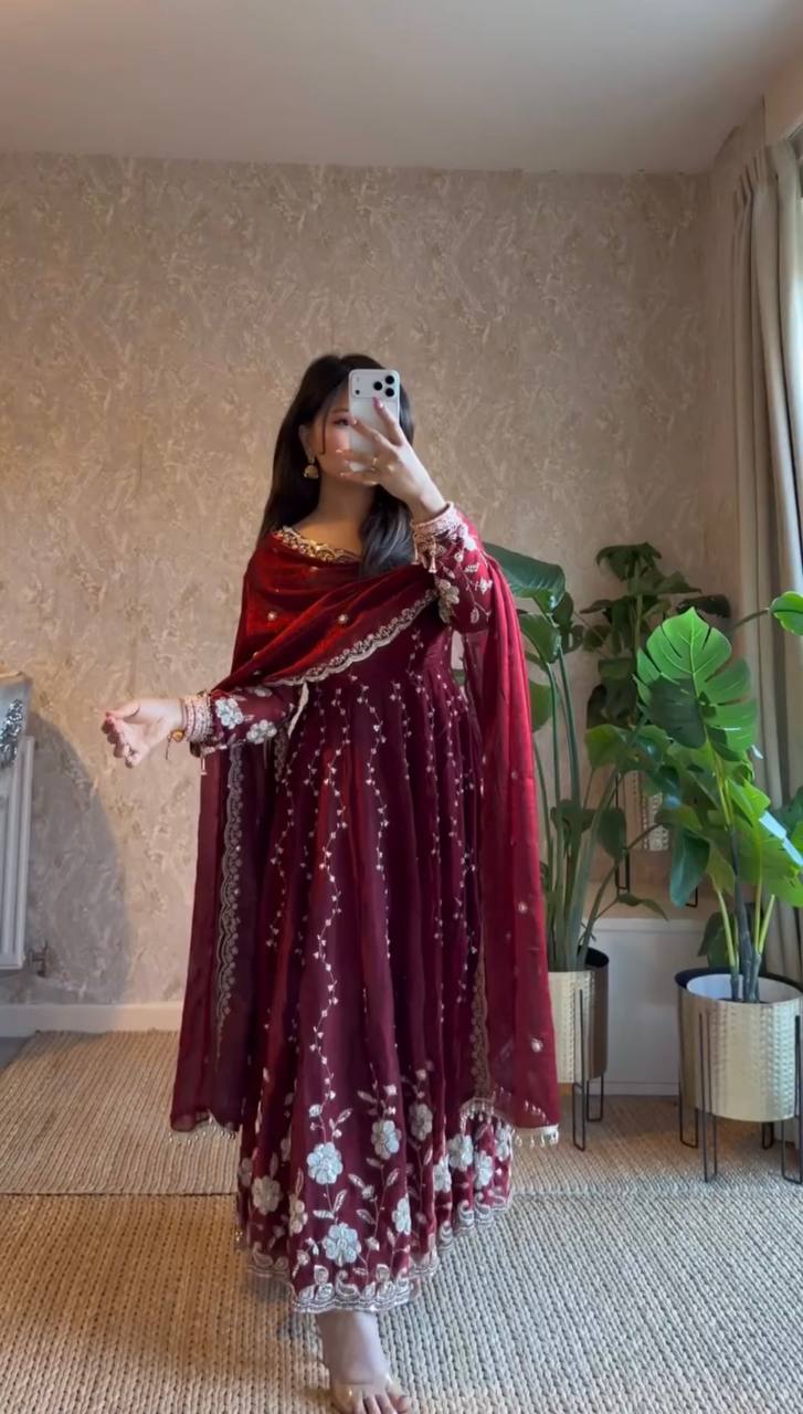Royal Orange Fendy Silk Embroidered Anarkali Gown Set