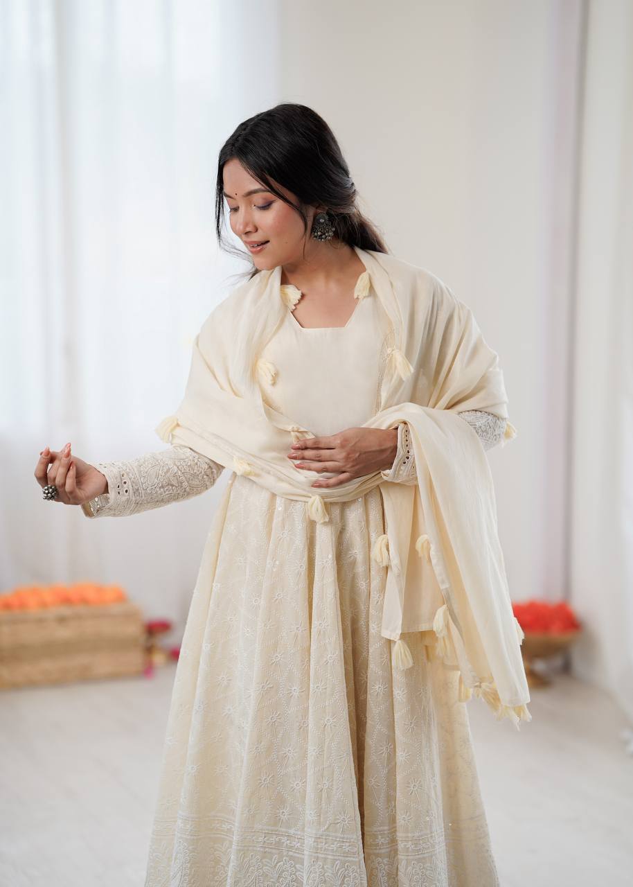 Elegant Cream Partywear Anarkali Gown Set