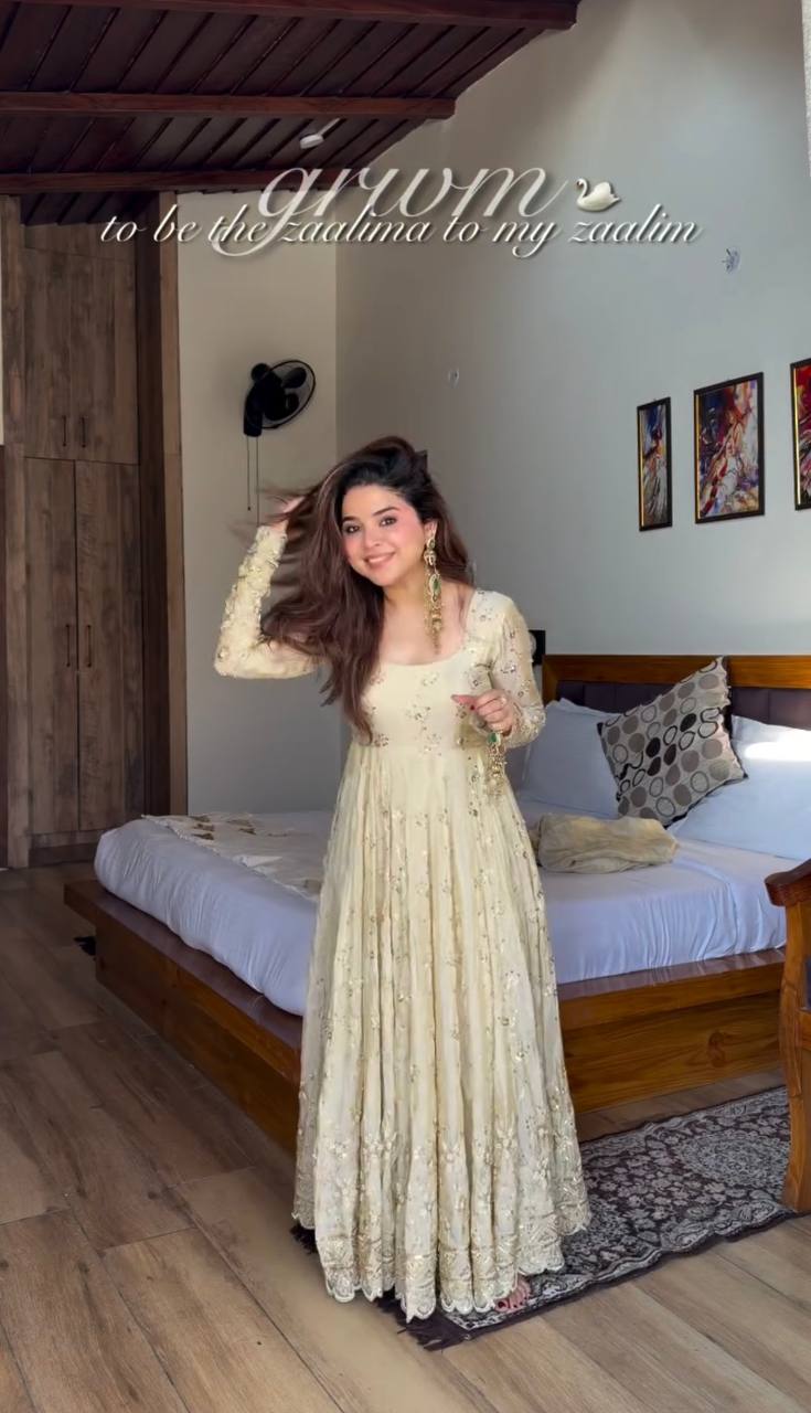 Cream Crunchy Silk Embroidered Anarkali Gown NayraLabel Cream Crunchy Silk Embroidered Anarkali Gown NayraLabel