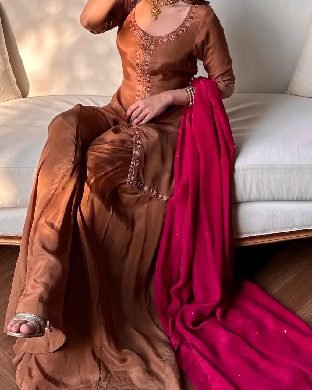 Elegant Brown Embroidered Kurta Set with Pink Dupatta