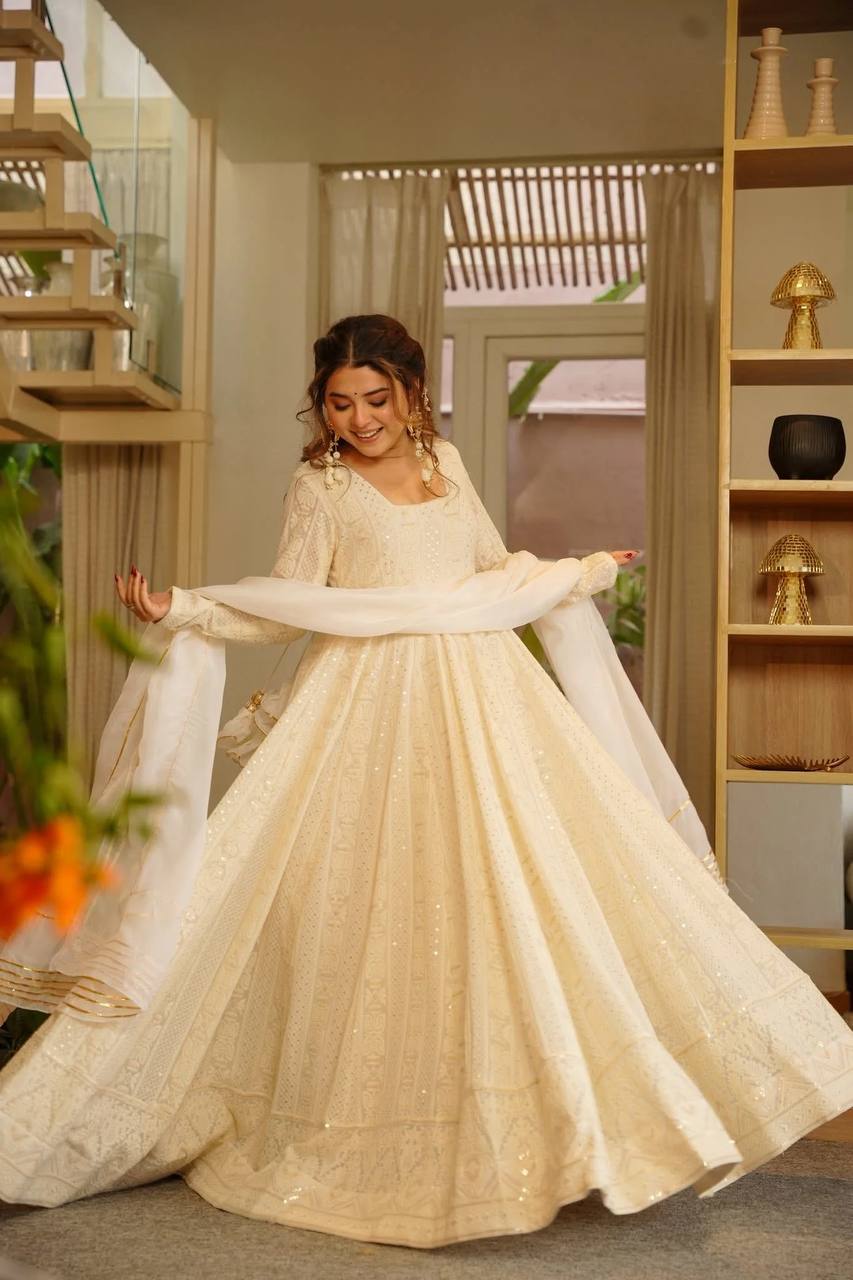 Royal Cream Soft Georgette Heavy Sequins & Zari Thread Work Anarkali
