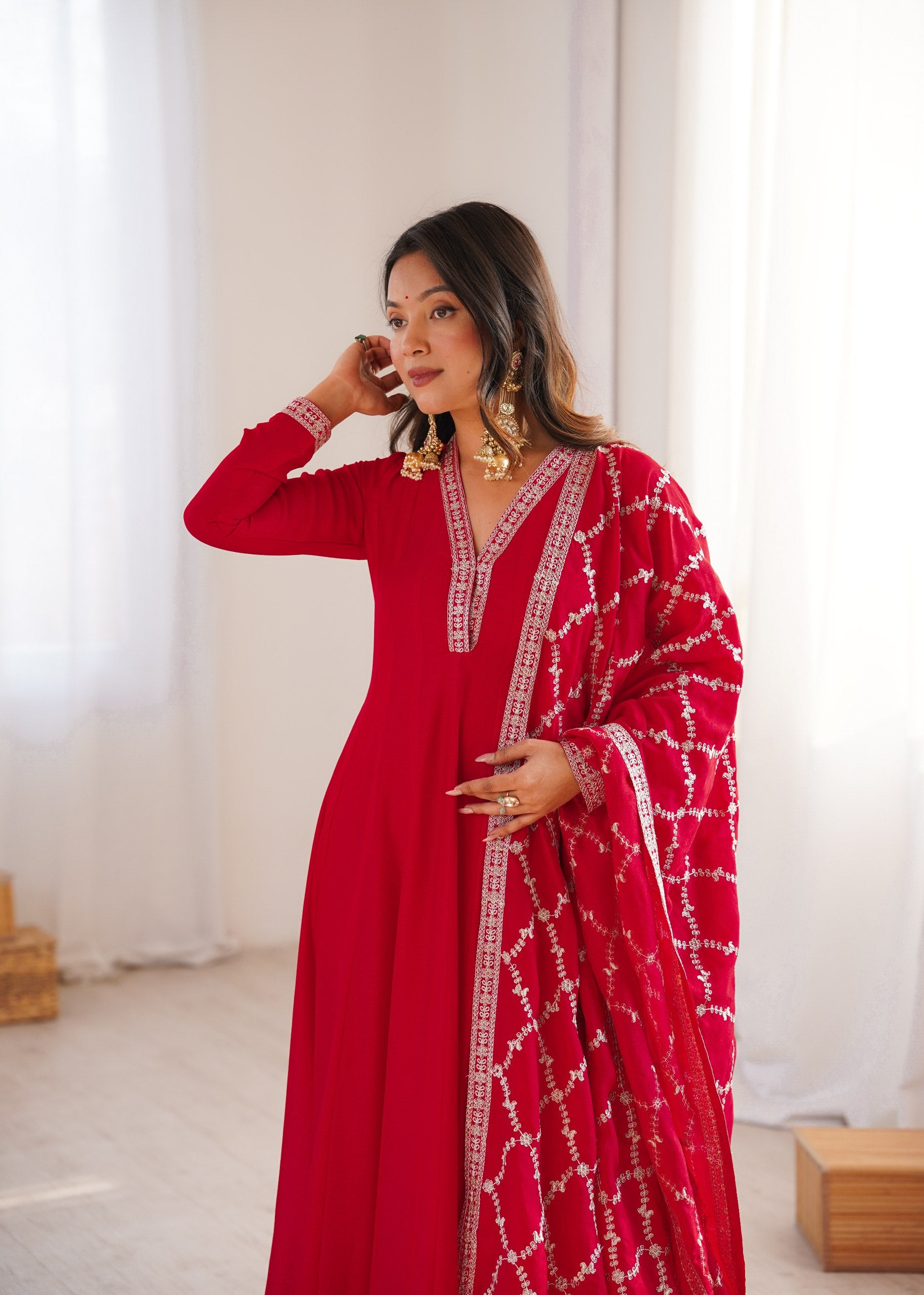 Royal Scarlet Embroidered Anarkali Set with Dupatta