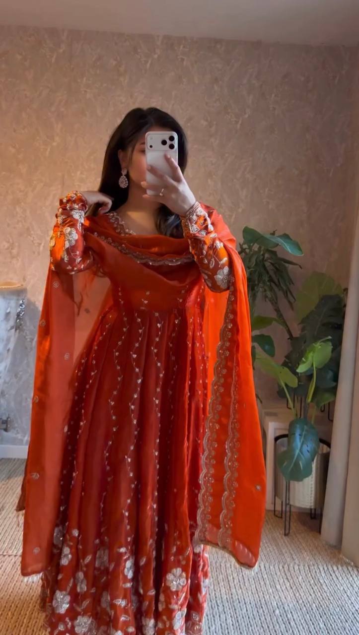 Royal Orange Fendy Silk Embroidered Anarkali Gown Set