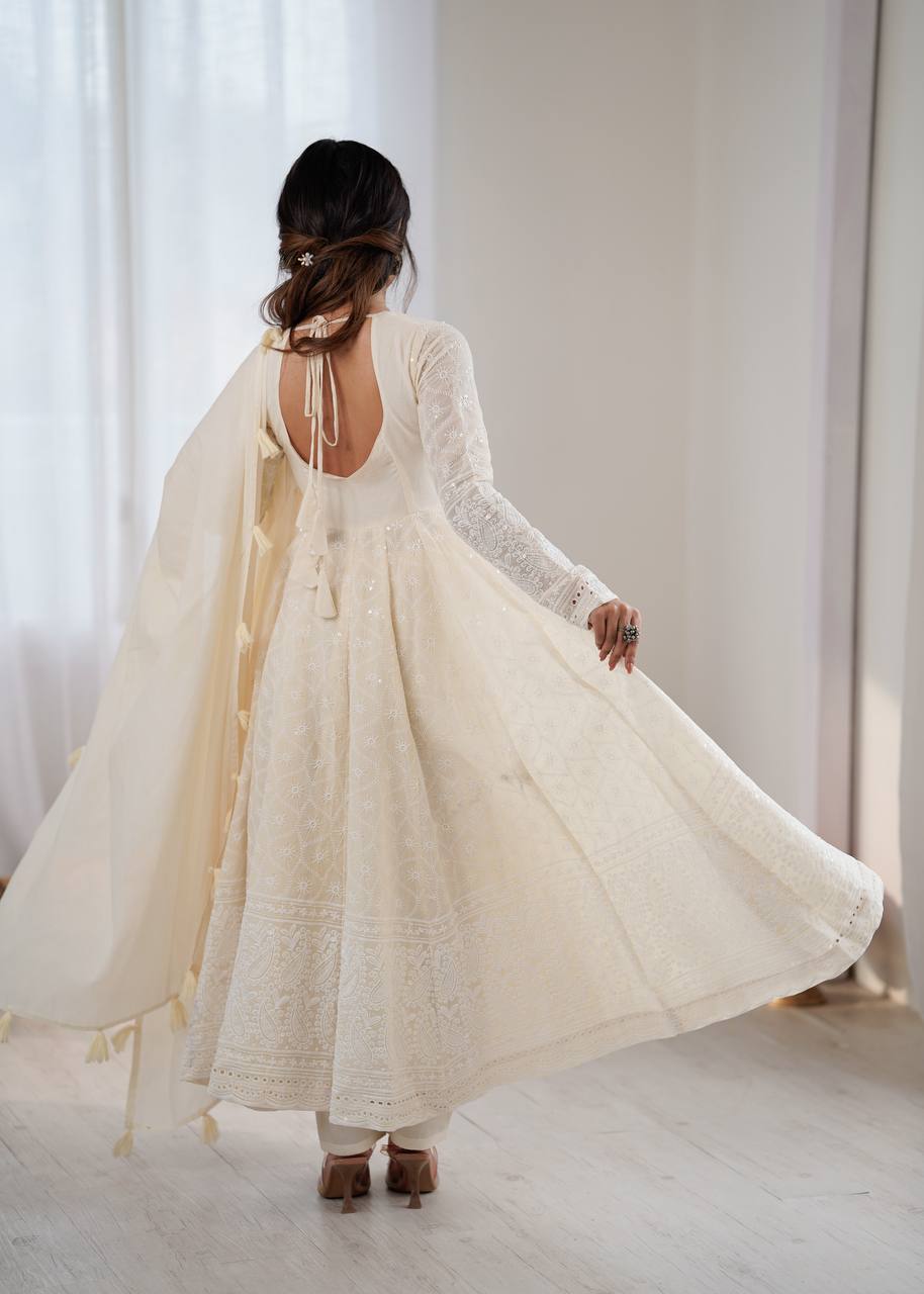 Elegant Cream Partywear Anarkali Gown Set