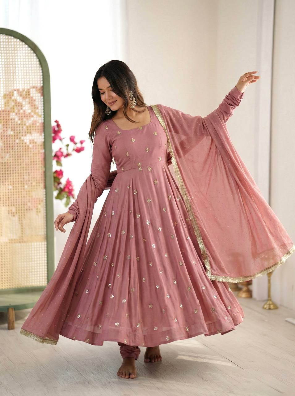 Royal Dusty Pink Flared Anarkali Dress with Gold Motifs