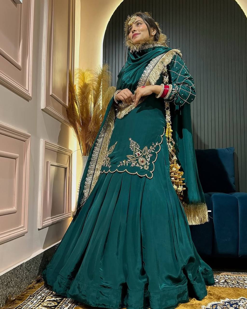 Royal Emerald Natural Crepe Silk Full Sleeve Ethnic Gown Set