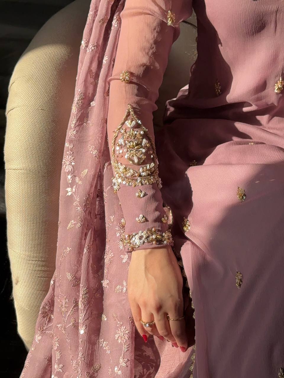 Premium Mauve Heavy Faux Georgette Embroidered Sequence & Beads Work Full Sleeve Suit Set with Dupatta