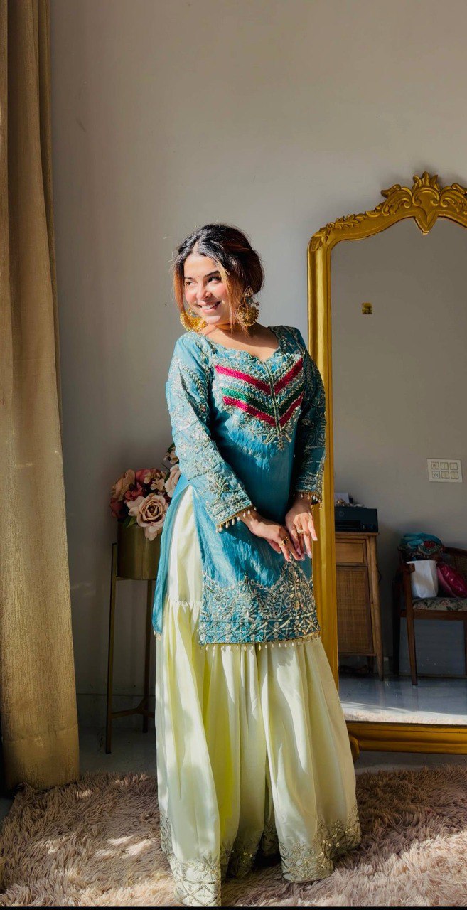 Aqua Elegance Embroidered Kurta Sharara Set