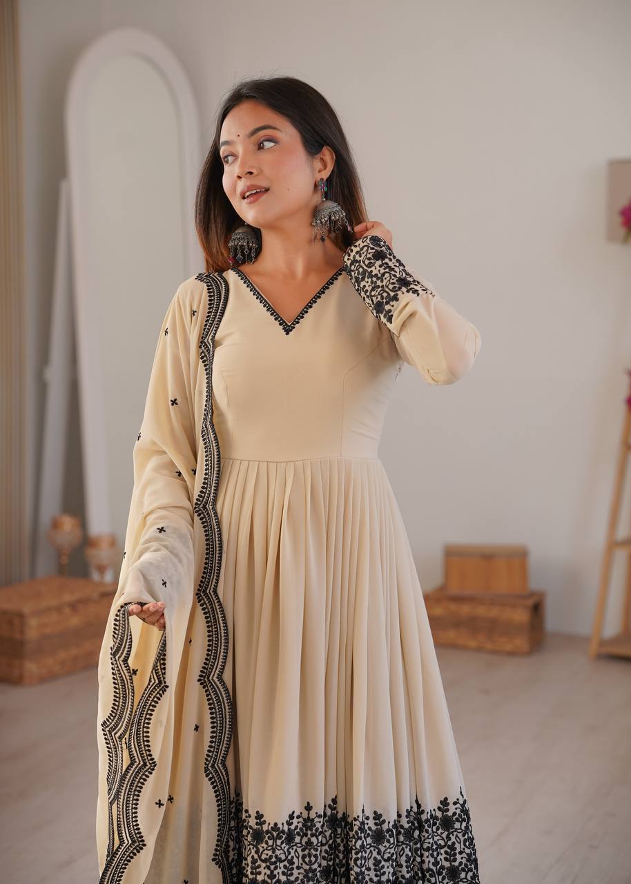 Elegant Faux Georgette Flared Gown Set with Contrast Lace Work