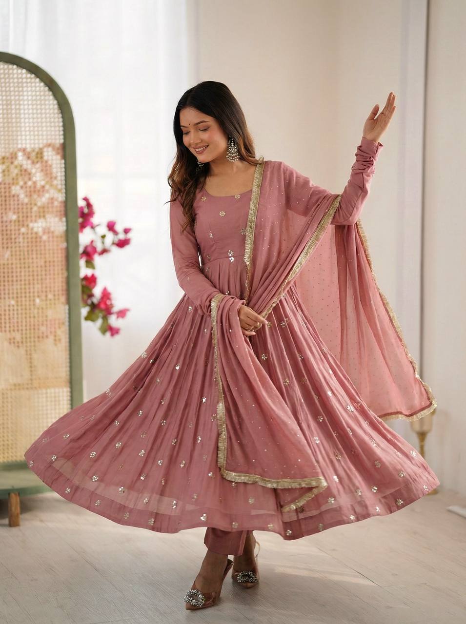 Royal Dusty Pink Flared Anarkali Dress with Gold Motifs