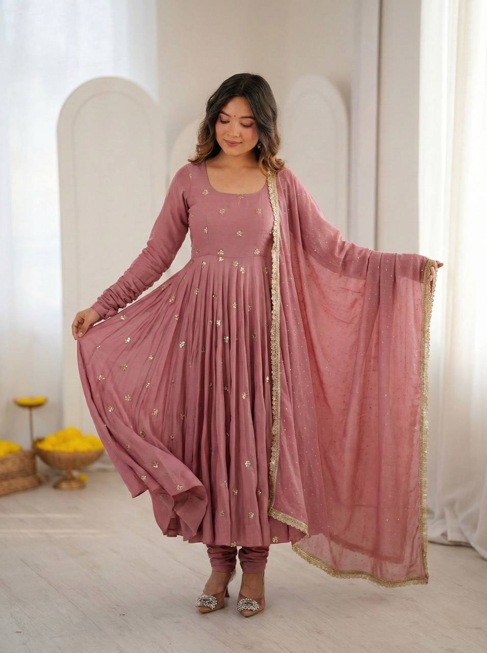 Mauve Roman Silk Embroidered Anarkali Gown Set with Dupatta