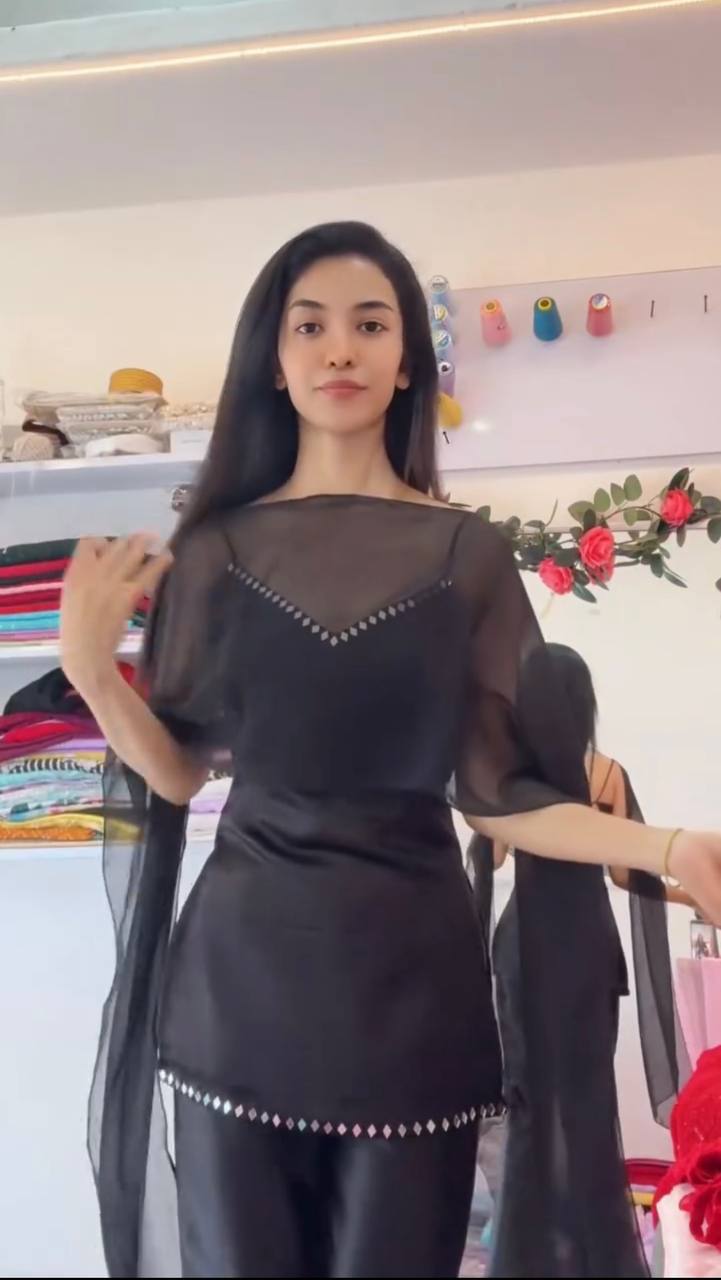 Elegant Black Mirror Work Kurti Set with Palazzo & Dupatta