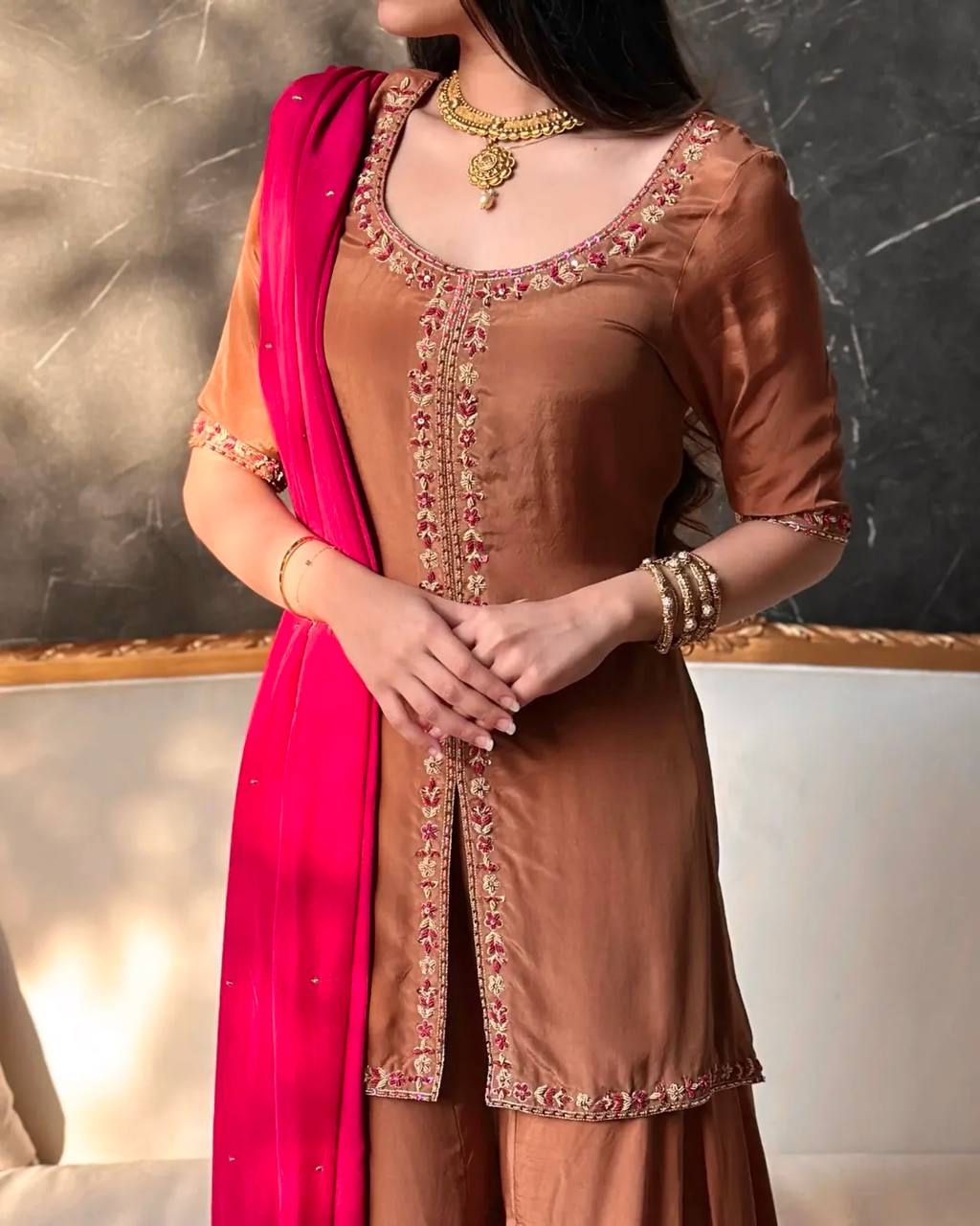Elegant Brown Embroidered Kurta Set with Pink Dupatta