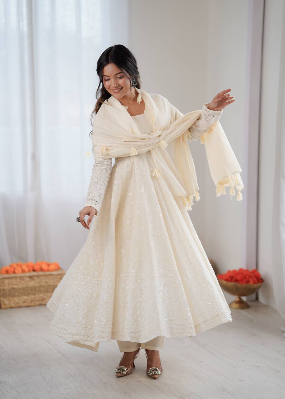 Elegant Cream Partywear Anarkali Gown Set