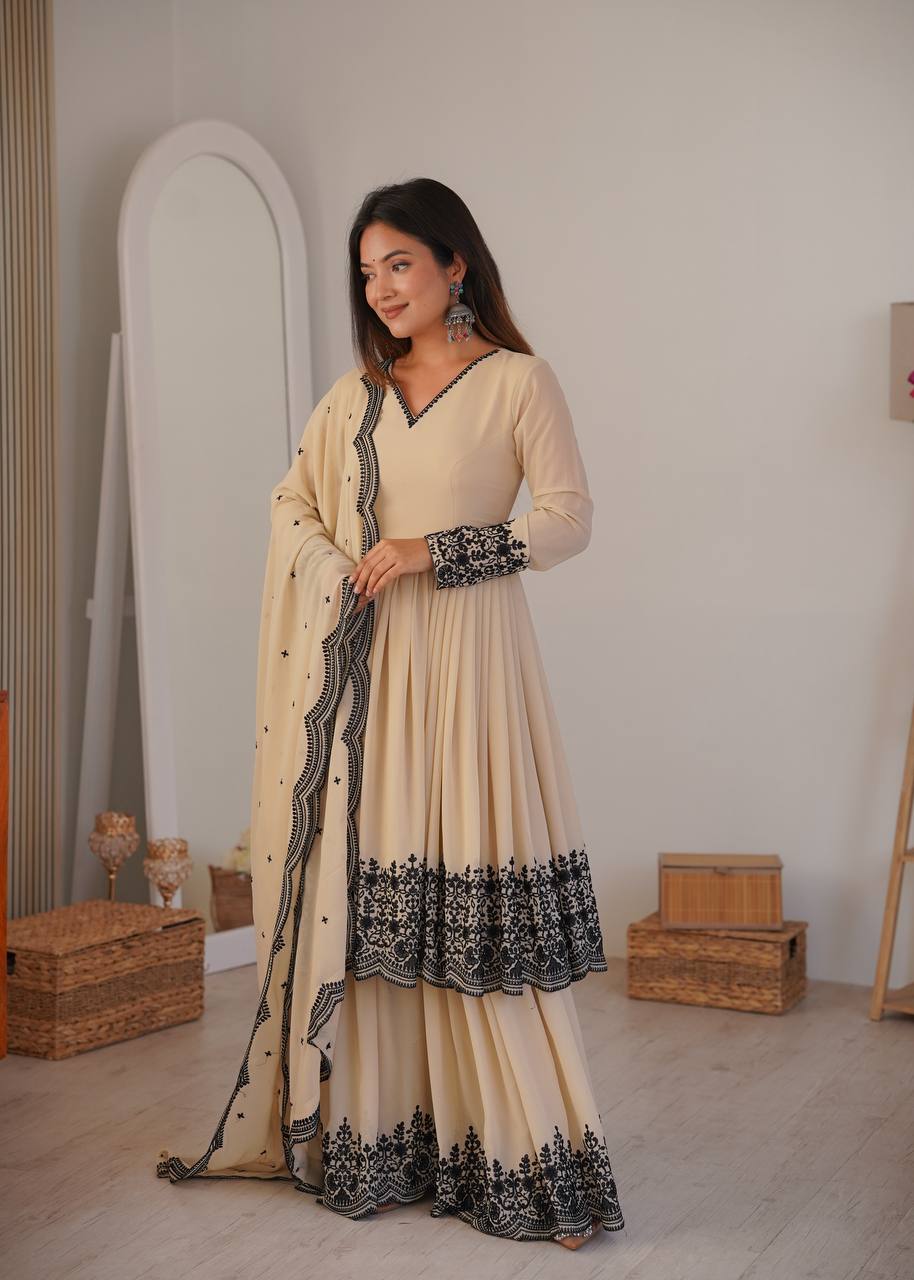 Elegant Faux Georgette Flared Gown Set with Contrast Lace Work