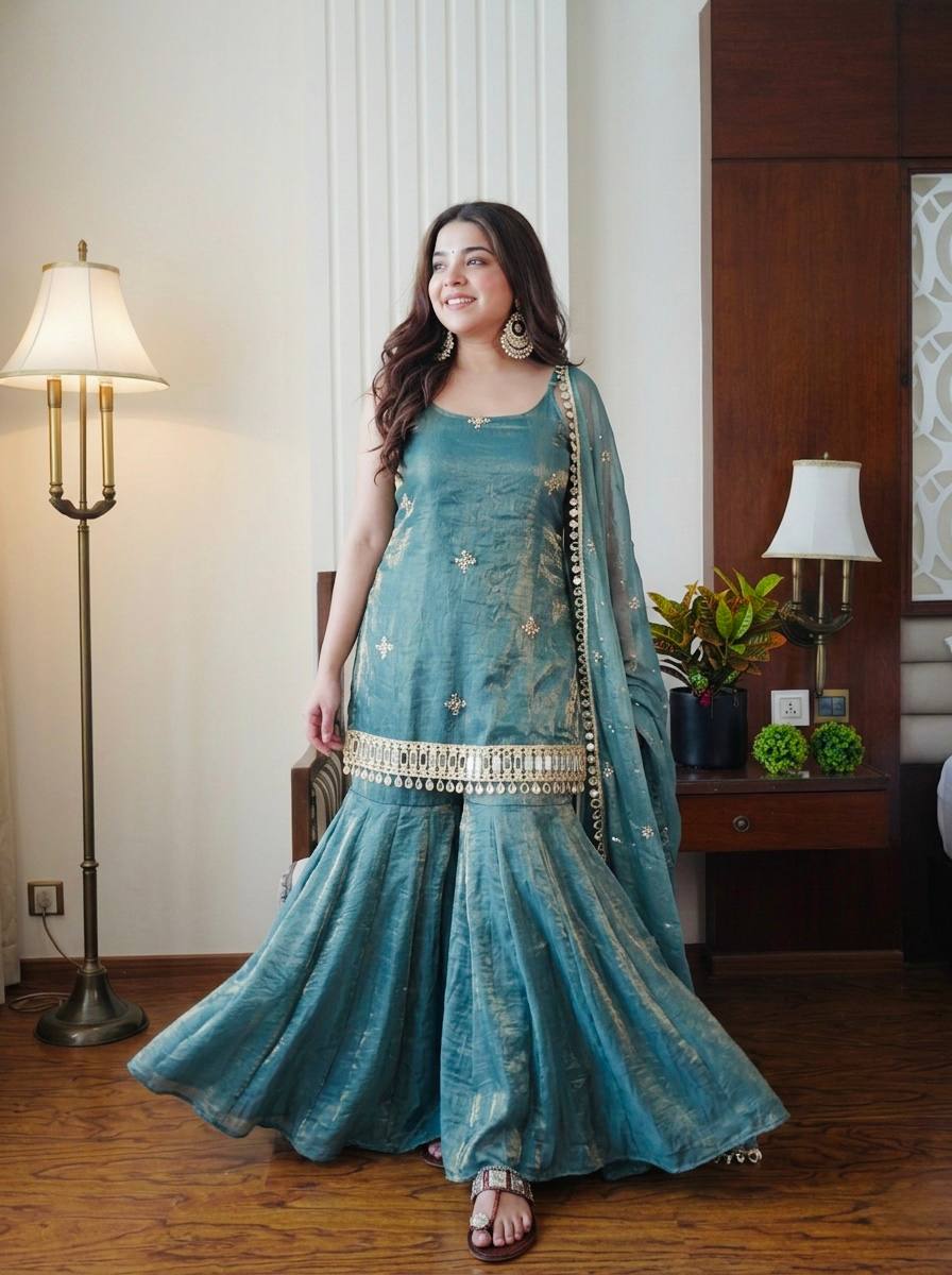 Teal Elegance Embroidered Sharara Set with Dupatta