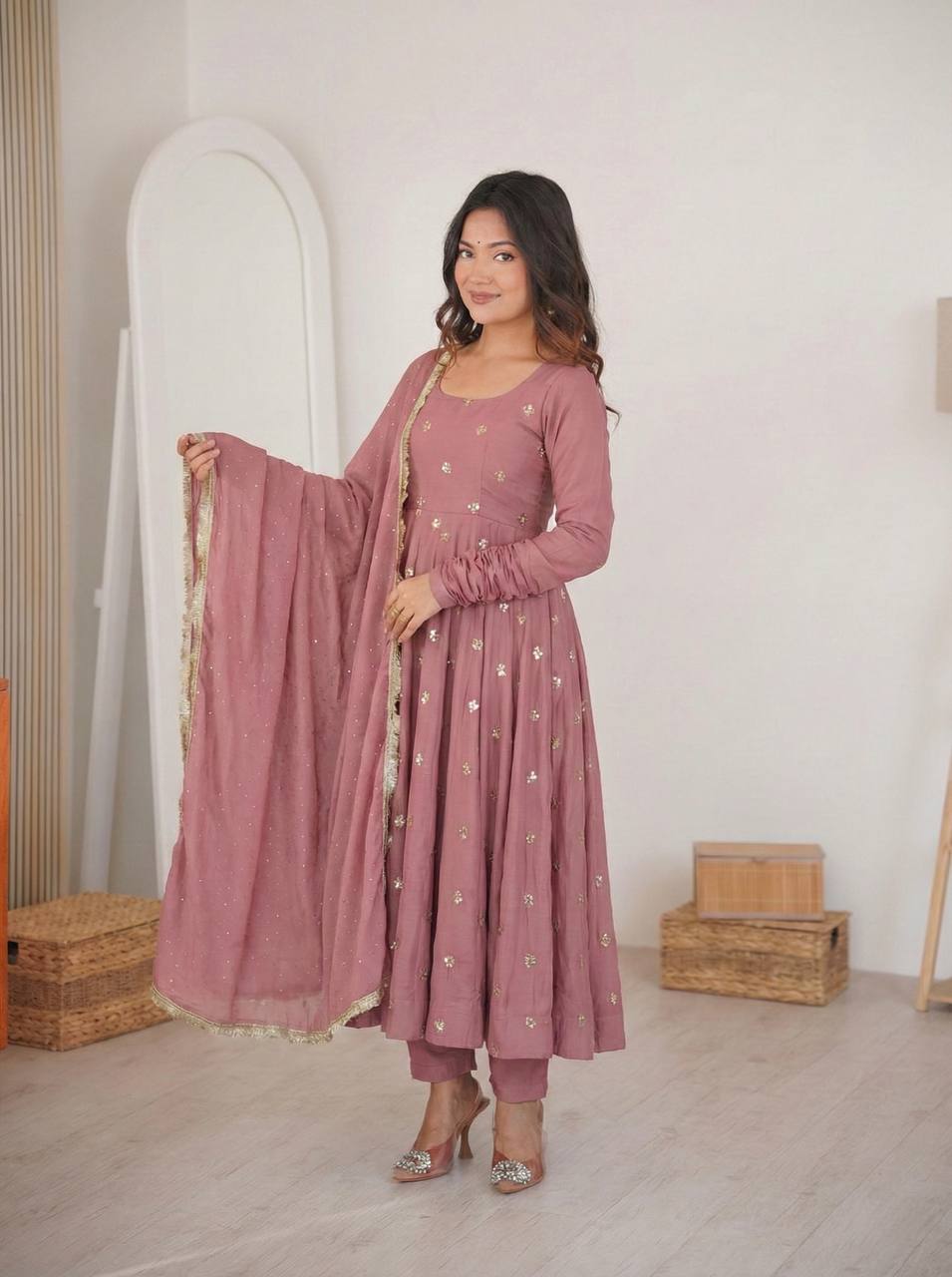 Mauve Roman Silk Embroidered Anarkali Gown Set with Dupatta