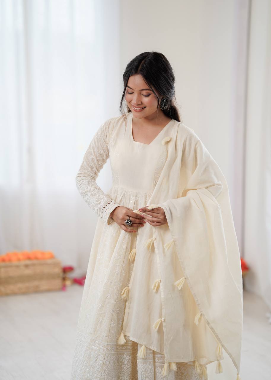Elegant Cream Partywear Anarkali Gown Set