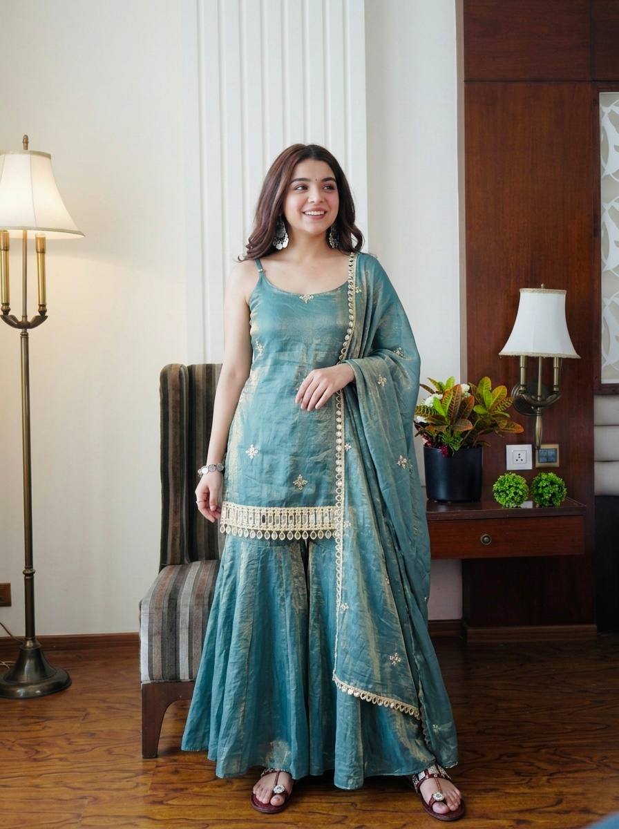 Teal Elegance Embroidered Sharara Set with Dupatta
