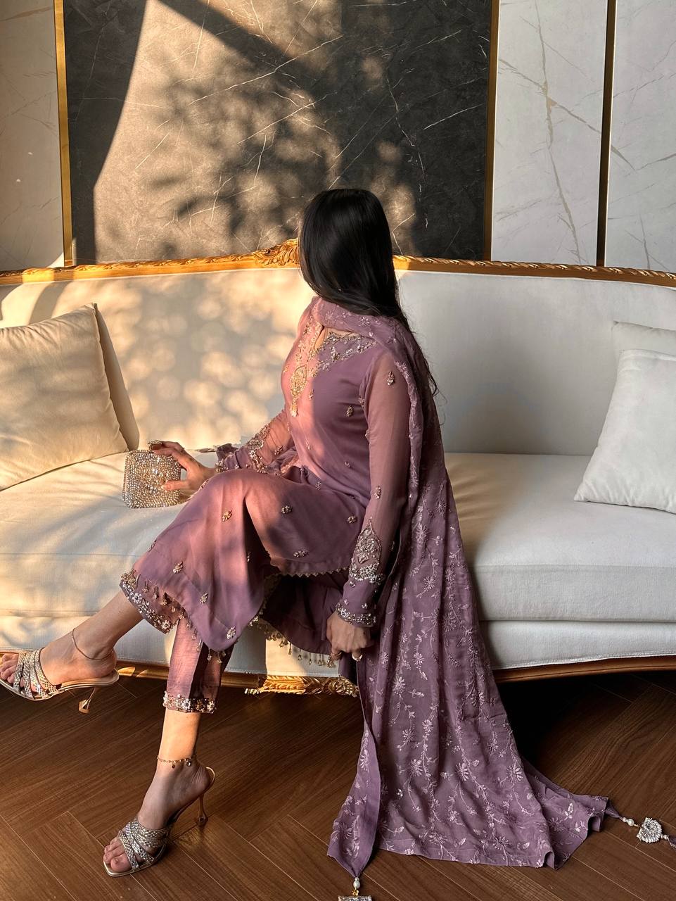 Premium Mauve Heavy Faux Georgette Embroidered Sequence & Beads Work Full Sleeve Suit Set with Dupatta