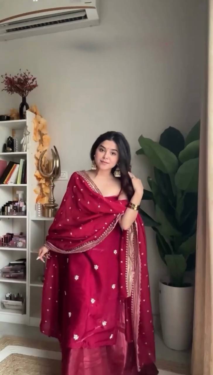 Royal Red Jimi Choo Embroidered Partywear Suit Set with Dupatta