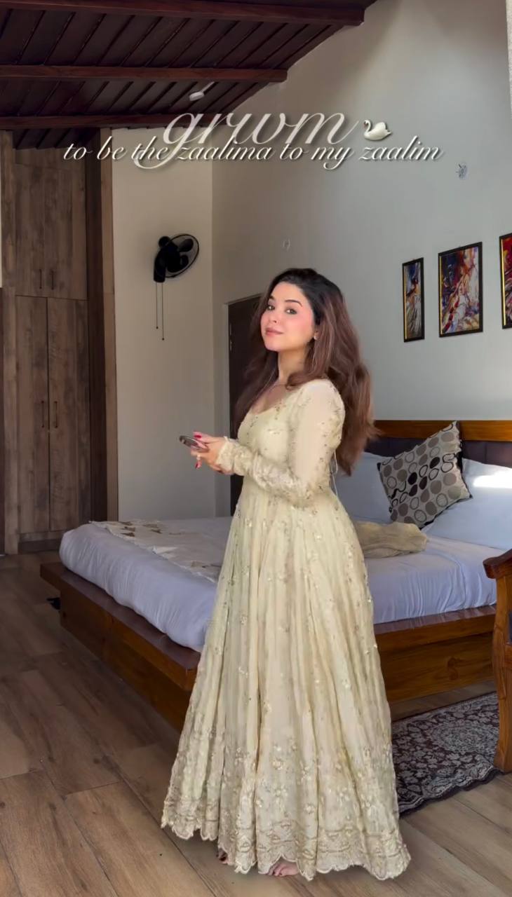 Cream Crunchy Silk Embroidered Anarkali Gown